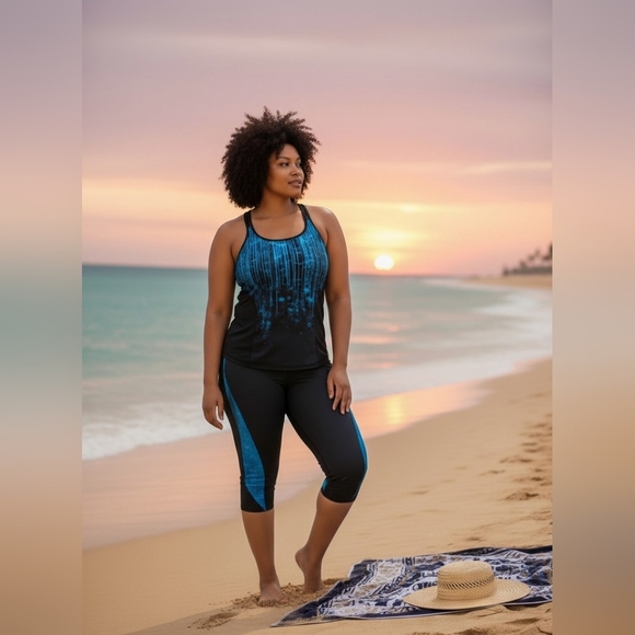 Other - Plus Size Black & Teal Active Tankini Set - Two-Piece Swim Top and Capri Bottoms